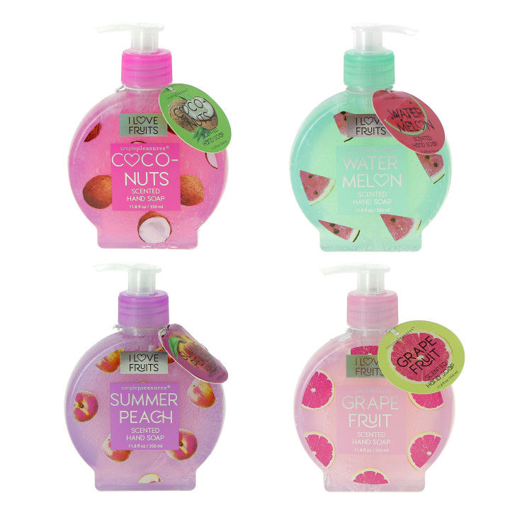 PROMO Distributeur savon mains 250ml FRUIT FIESTA, 4 modèles et senteurs assortis  Coco/Pêche/Melon/Pamplemousse