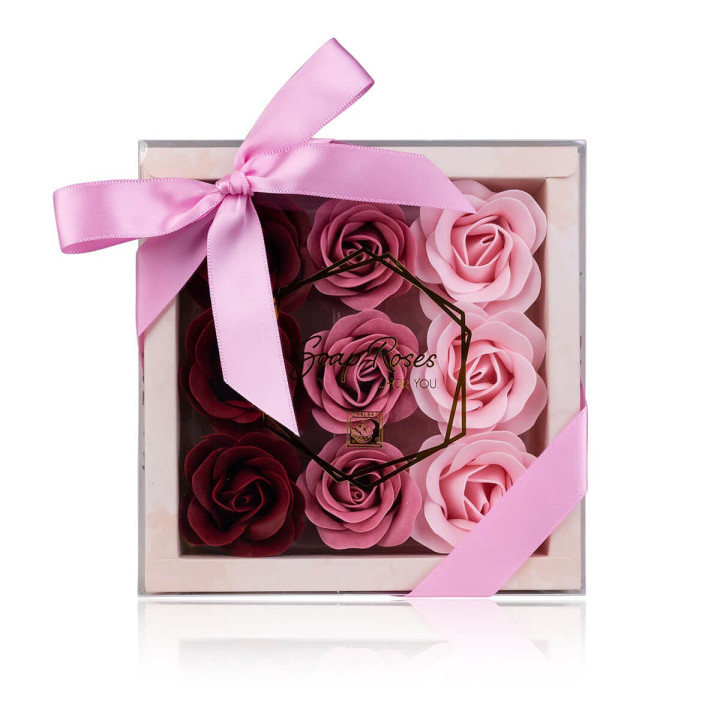 Coffret 9 Roses de savon, 3 modèles assortis, senteur rose