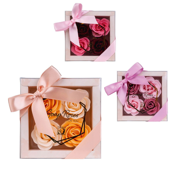 Coffret 4 Roses de savon,3 modèles assortis, senteur rose