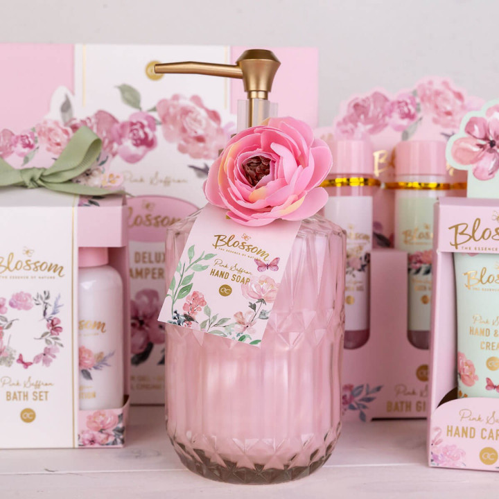 PROMO Distributeur en verre savon mains 380ml BLOSSOM , senteur safran rose