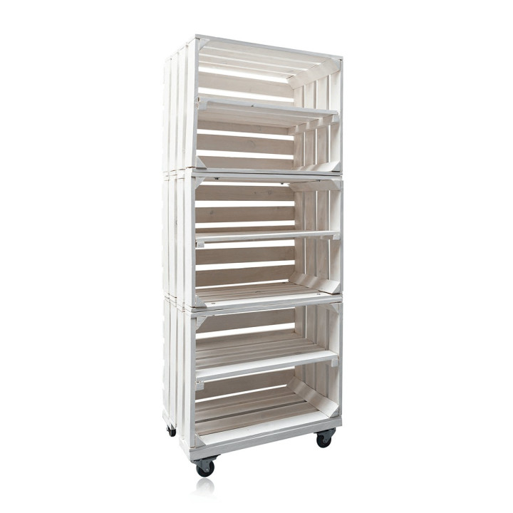 Présentoir en bois sur roulettes (7 étages) BLANC ,VENDU VIDE