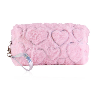 PROMO Trousse de toilette peluche rose cœur (18x11x7 cm)