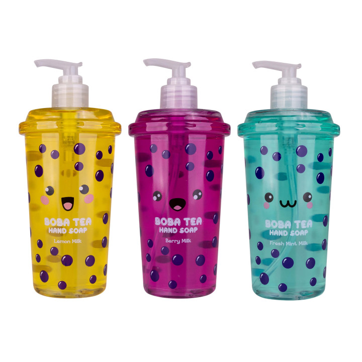 PROMO Distributeurs savon mains 500ml BUBBLE TEA, 3 couleurs et senteurs assorties