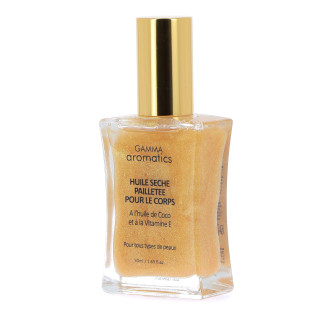 Huile sèche pailletée Or GAMMA AROMATICS, senteur Pêche/Orange