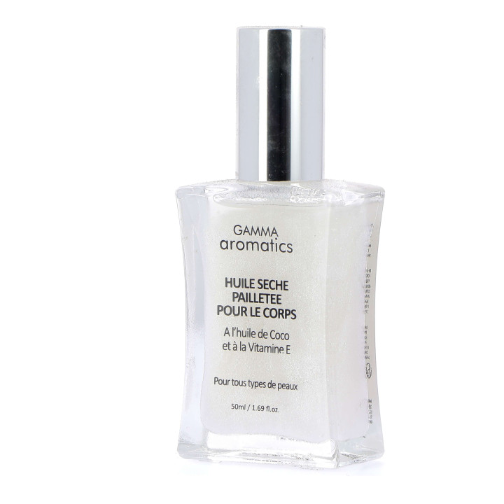 Huile sèche pailletée Blanc/Argent GAMMA AROMATICS, senteur Musc/Pivoine