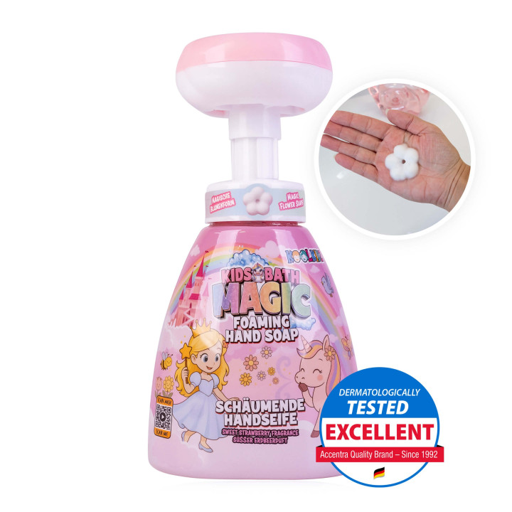 Distributeur savon mains mousse en forme de fleur 310ml COOLKID,senteur Fraise sucrée