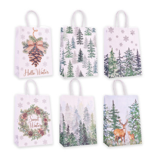 Sac cadeau en papier FIR TREES (21x15x8 cm), 6 modèles assortis