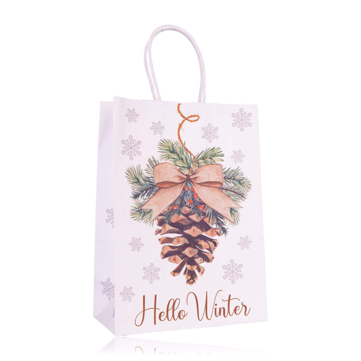 Sac cadeau en papier FIR TREES (21x15x8 cm), 6 modèles assortis