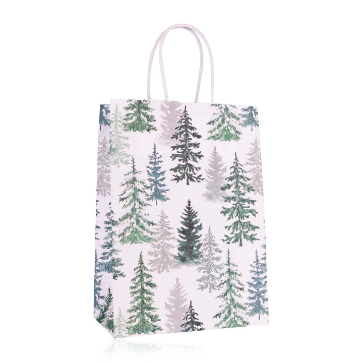Sac cadeau en papier FIR TREES (21x15x8 cm), 6 modèles assortis