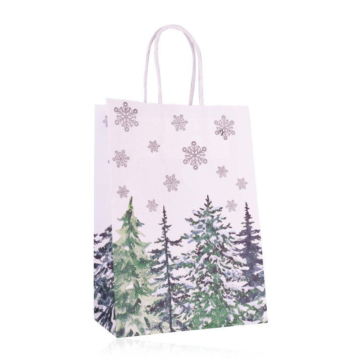 Sac cadeau en papier FIR TREES (21x15x8 cm), 6 modèles assortis