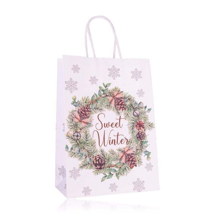Sac cadeau en papier FIR TREES (21x15x8 cm), 6 modèles assortis