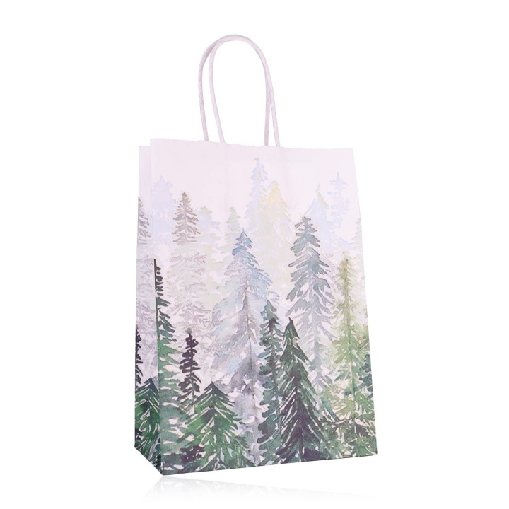 Sac cadeau en papier FIR TREES (21x15x8 cm), 6 modèles assortis