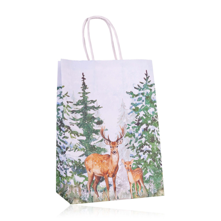Sac cadeau en papier FIR TREES (21x15x8 cm), 6 modèles assortis