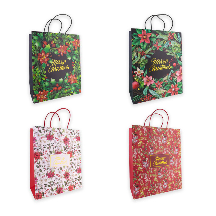 Sac cadeau JOYEUX NOËL (32x26x12 cm), 4 modèles assortis